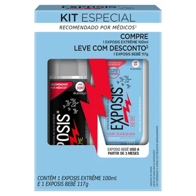 Kit Repelente de Insetos Gel sem Perfume com Icaridina Exposis Extrême 100ml Spray + Repelente Gel sem Perfume com Icaridina Exposis Bebê 117g